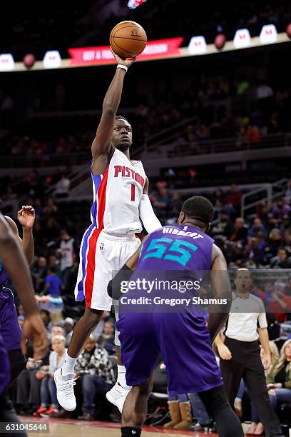 Reggie Jackson of the Detroit Pistons takes a second half shot over Roy Hibbert of the Charlotte Hornets at the Palace of Auburn Hills on January 5,...