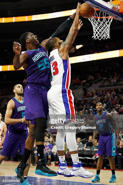 Roy Hibbert of the Charlotte Hornets blocks the shot of Marcus Morris of the Detroit Pistons during the second half at the Palace of Auburn Hills on...