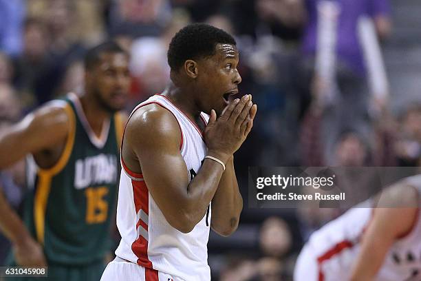 Toronto Raptors guard Kyle Lowry reacts after a Raptor was called for a foul as the Toronto Raptors beat the Utah Jazz 101-93 at Air Canada Centre in...