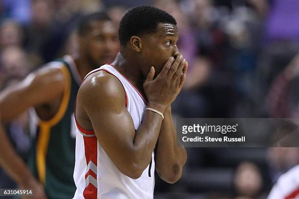 Toronto Raptors guard Kyle Lowry reacts after a Raptor was called for a foul as the Toronto Raptors beat the Utah Jazz 101-93 at Air Canada Centre in...
