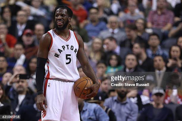 Toronto Raptors forward DeMarre Carroll reacts after a Raptor was called for a foul as the Toronto Raptors beat the Utah Jazz 101-93 at Air Canada...
