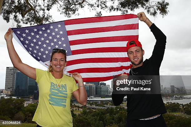 Coco Vandeweghe and Jack Sock of the United States pose with the US flag at Kings Park during day six of the 2017 Hopman Cup at Perth Arena on...