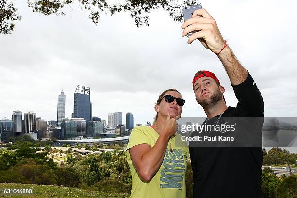 Coco Vandeweghe and Jack Sock of the United States pose for a selfie at Kings Park during day six of the 2017 Hopman Cup at Perth Arena on January 6,...