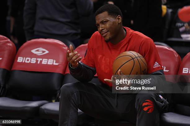 Toronto Raptors guard Kyle Lowry takes a seat during warm ups as the Toronto Raptors beat the Utah Jazz 101-93 at Air Canada Centre in Toronto....