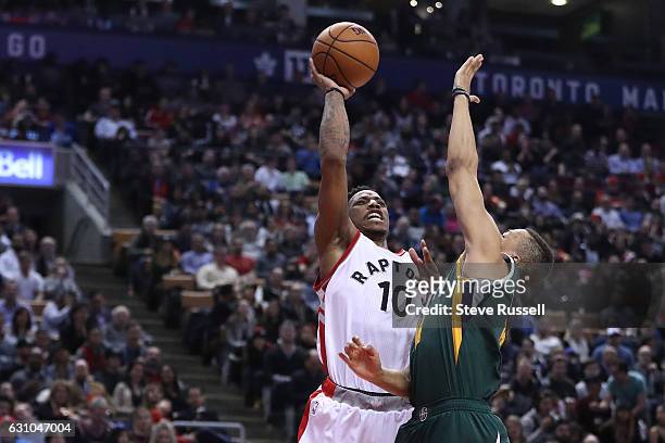 Toronto Raptors guard DeMar DeRozan puts up a shot as the Toronto Raptors beat the Utah Jazz 101-93 at Air Canada Centre in Toronto. January 5, 2017.