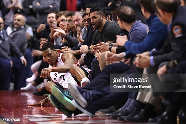Toronto Raptors guard Kyle Lowry ended up on the floor after chasing a loose ball as the Toronto Raptors beat the Utah Jazz 101-93 at Air Canada...