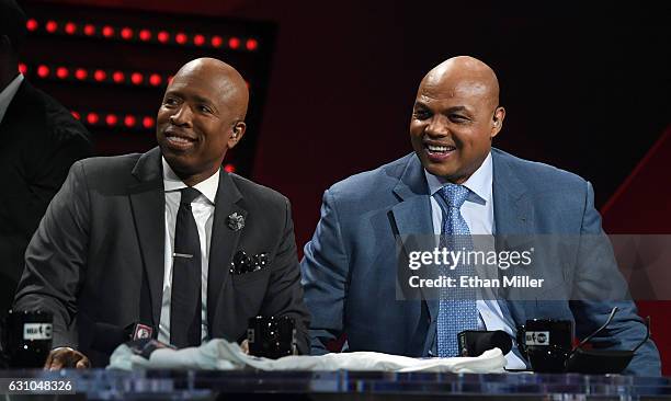 Analysts Kenny Smith and Charles Barkley laugh during a live telecast of "NBA on TNT" at CES 2017 at the Sands Expo and Convention Center on January...