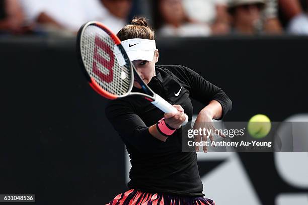 Lauren Davis of USA plays a forehand in her semi final match against Jelena Ostapenko of Latvia on day five of the ASB Classic on January 6, 2017 in...