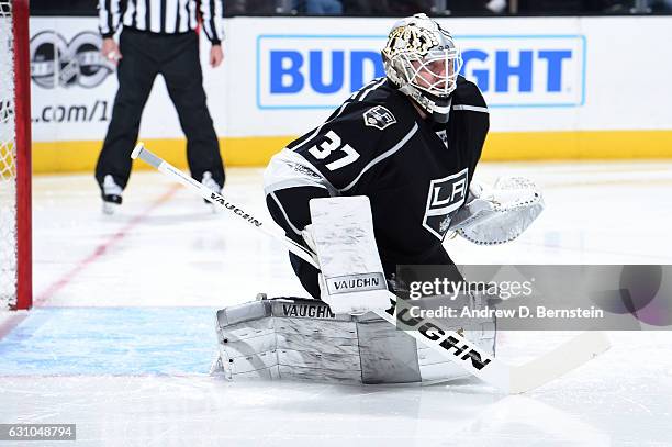 Jeff Zatkoff of the Los Angeles Kings defends the goal during a game against the Detroit Red Wings at STAPLES Center on January 05, 2017 in Los...