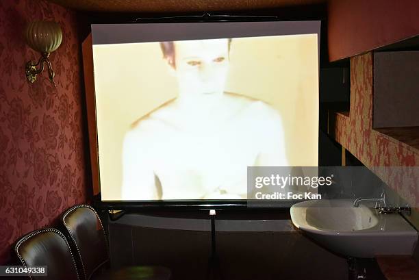 General view of atmosphere with a video of performer Bruce Nauman during the "Nuit Bruce Nauman" screening party and performance of Amelie Pironneau...