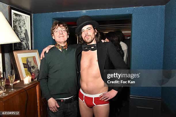 Youri Vincy from Galerie Lara Vincyand DJ/performer Guest attend the "Nuit Bruce Nauman" screening party and performance of Amelie Pironneau at la...