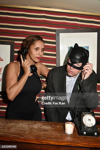 Barmaid Samia Albi Chalbi and Louis de Causans attend the "Nuit Bruce Nauman" screening party and performance of Amelie Pironneau at la Galerie du...