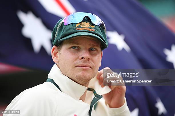 Australian captain Steve Smith looks on during day four of the Third Test match between Australia and Pakistan at Sydney Cricket Ground on January 6,...