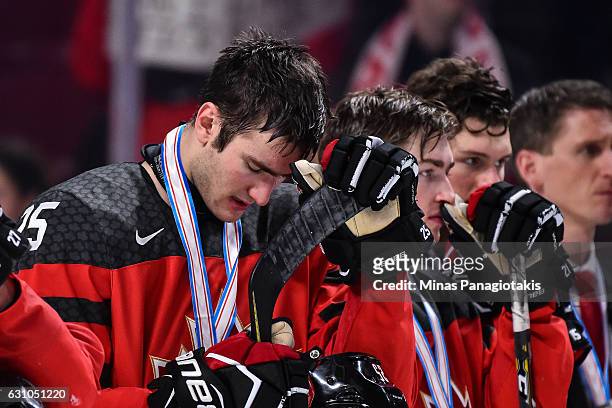 Nicolas Roy of Team Canada reacts after losing to Team United States during the 2017 IIHF World Junior Championship gold medal game at the Bell...