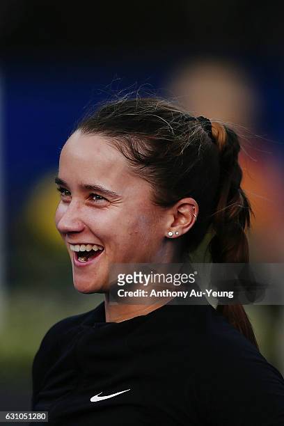 Lauren Davis of USA reacts after winning her semi final match through retirement from Jelena Ostapenko of Latvia on day five of the ASB Classic on...