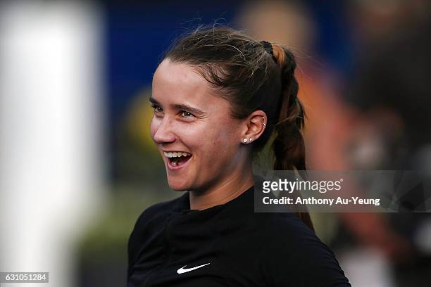Lauren Davis of USA reacts after winning her semi final match through retirement from Jelena Ostapenko of Latvia on day five of the ASB Classic on...