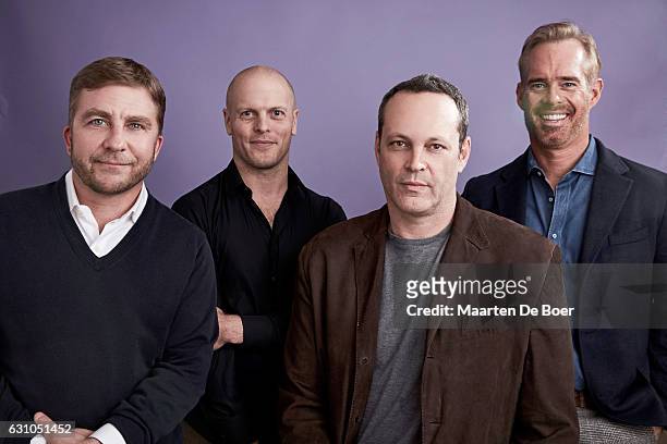 Executive producer Peter Billingsley, host Timothy Ferriss, executive producer Vince Vaughn, and host Joe Buck of DirecTV's "Fear with Tim Ferriss"...