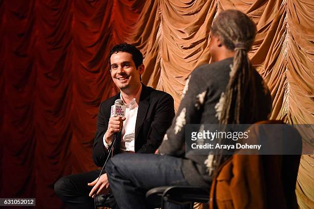 Damien Chazelle and Elvis Mitchell attend Film Independent at LACMA presents an evening with Damien Chazelle at Bing Theatre At LACMA on January 5,...