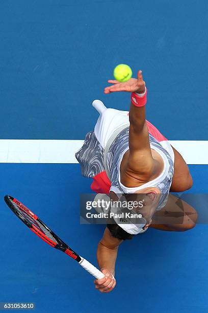 Andrea Petkovic of Germany serves to Heather Watson of Great Britain in the women's singles match during day six of the 2017 Hopman Cup at Perth...