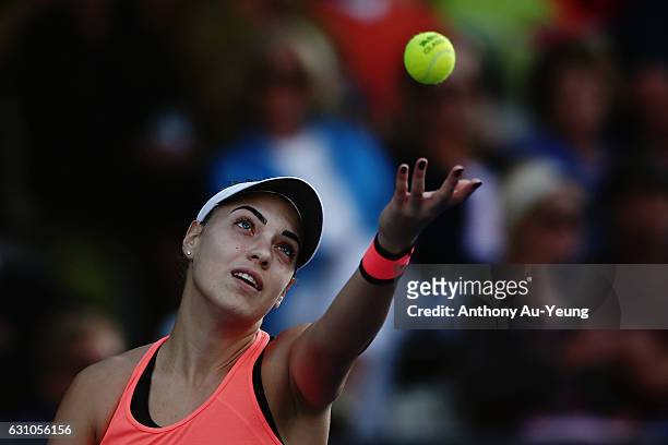 Ana Konjuh of Croatia serves in her semi final match against Julia Goerges of Germany on day five of the ASB Classic on January 6, 2017 in Auckland,...