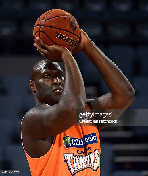 Nathan Jawai of the Taipans warms up before the start of the round 14 NBL match between the Cairns Taipans and the New Zealand Breakers at Cairns...