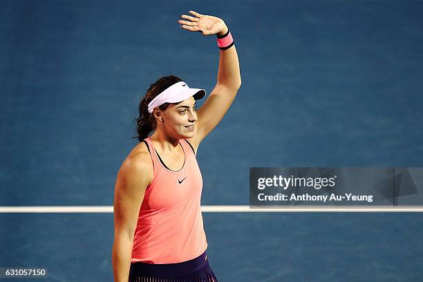Ana Konjuh of Croatia celebrates after winning her semi final match against Julia Goerges of Germany on day five of the ASB Classic on January 6,...