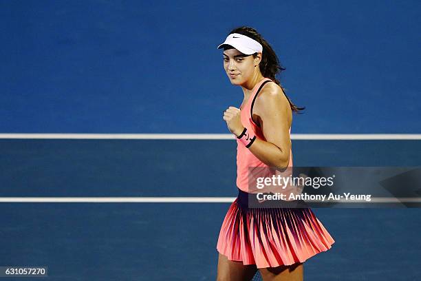 Ana Konjuh of Croatia celebrates after winning her semi final match against Julia Goerges of Germany on day five of the ASB Classic on January 6,...