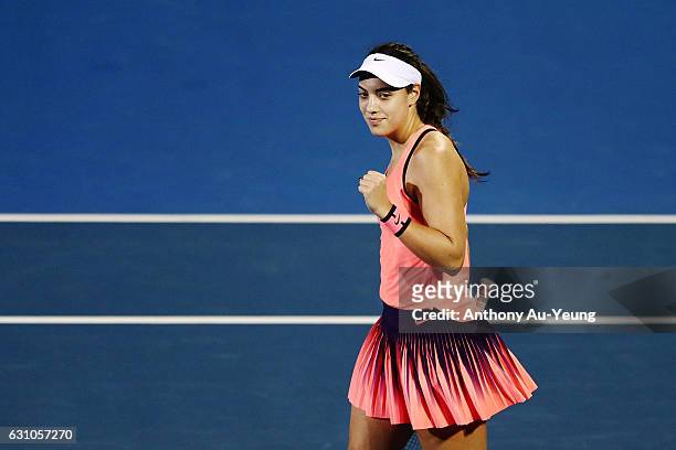 Ana Konjuh of Croatia celebrates after winning her semi final match against Julia Goerges of Germany on day five of the ASB Classic on January 6,...
