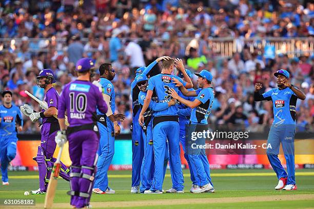 Billy Stanlake of the Adelaide Strikers celebrates after taking a wicket during the Big Bash League match between the Adelaide Strikers and the...