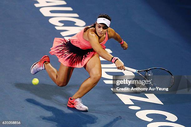 Ana Konjuh of Croatia stretches for a shot in her semi final match against Julia Goerges of Germany on day five of the ASB Classic on January 6, 2017...