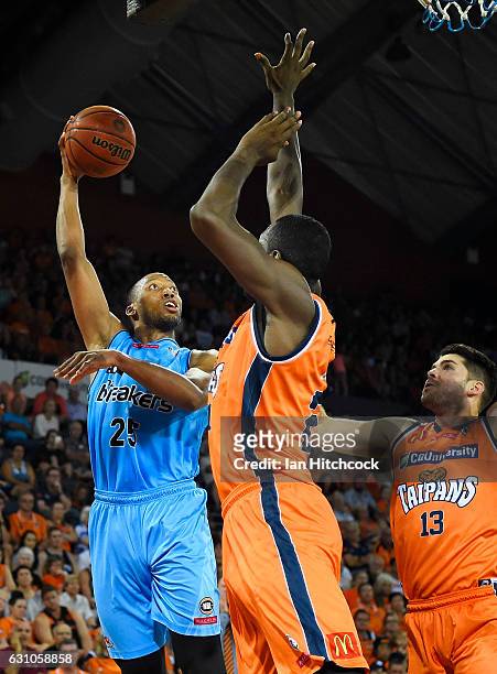 Akil Mitchell of the Breakers takes a jump shot during the round 14 NBL match between the Cairns Taipans and the New Zealand Breakers at Cairns...