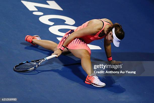 Ana Konjuh of Croatia stretches for a shot in her semi final match against Julia Goerges of Germany on day five of the ASB Classic on January 6, 2017...