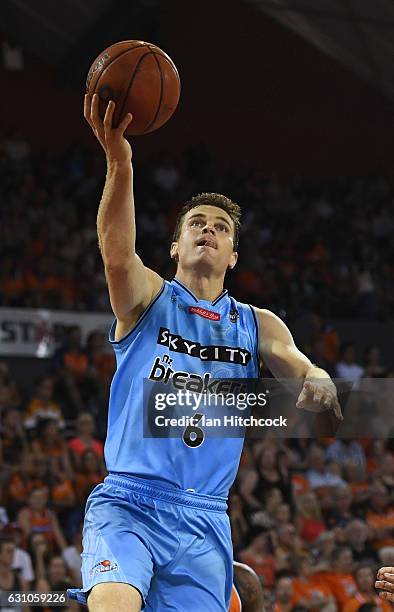 Kirk Penney of the Breakers attempts a lay up during the round 14 NBL match between the Cairns Taipans and the New Zealand Breakers at Cairns...