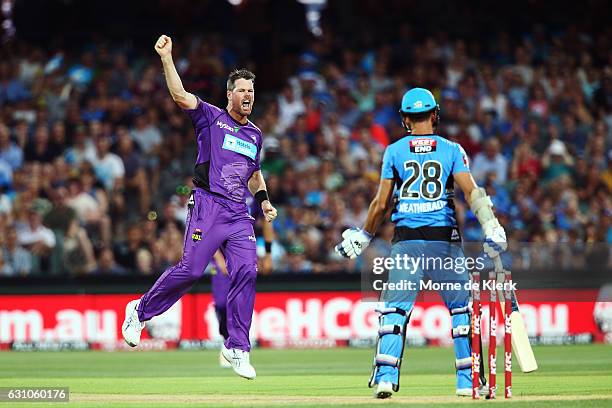 Dan Christian of the Hobart Hurricanes celebrates after getting the wicket of Jake Weatherald of the Adelaide Strikers during the Big Bash League...