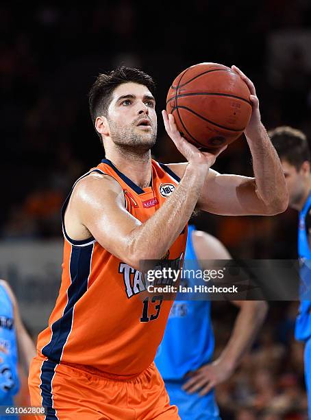 Stephen Weigh of the Taipans attempts a free throw shot during the round 14 NBL match between the Cairns Taipans and the New Zealand Breakers at...