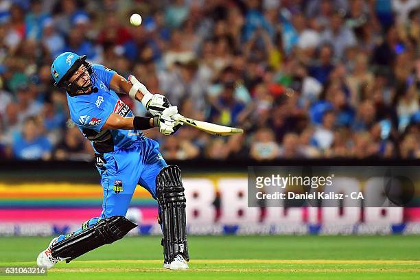Brad Hodge of the Adelaide Strikers bats during the Big Bash League match between the Adelaide Strikers and the Hobart Hurricanes at Adelaide Oval on...