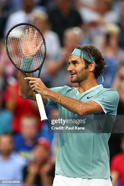 Roger Federer of Switzerland celebrates after defeating Richard Gasquet of France in the men's singles match during day six of the 2017 Hopman Cup at...