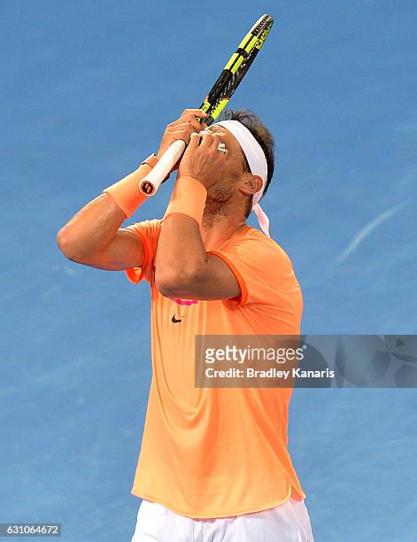 Rafael Nadal of Spain shows his frustration in his match against Milos Raonic of Canada on day six of the 2017 Brisbane International at Pat Rafter...