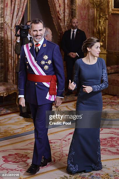 King Felipe VI of Spain and Queen Letizia of Spain attend the Pascua Militar ceremony at the Royal Palace on January 6, 2017 in Madrid, Spain.