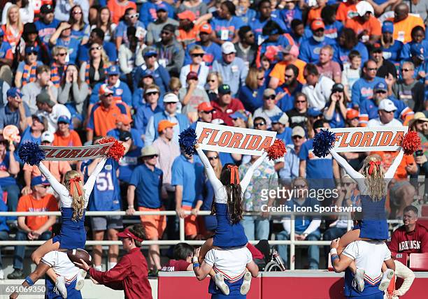 Florida Gators cheerleaders hold signs for the crowd during an NCAA football game between the Florida Gators and the Arkansas Razorbacks at Donald W....