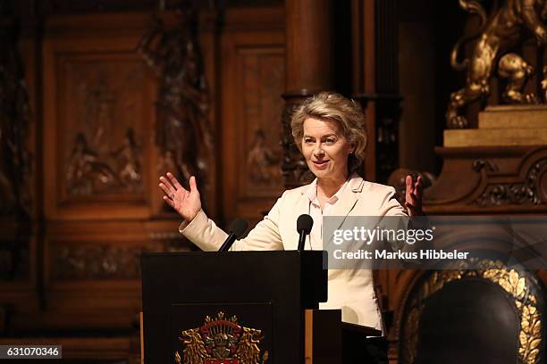 German Defense Minister Ursula von der Leyen speaks during the reception for the 70th anniversary of 'DER SPIEGEL' at the town hall on January 6,...