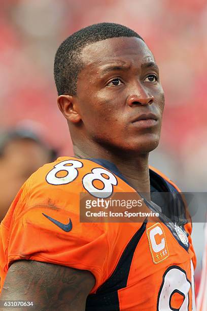 Demaryius Thomas of the Broncos along the sidelines during the NFL game between the Denver Broncos and Tampa Bay Buccaneers on October 02 at Raymond...