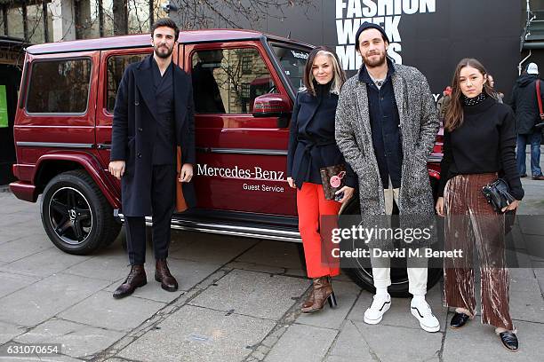 Teo van den Broeke, Catherine Hayward, Charlie Teasdale and Emie James Crook arrive in a Mercedes-Benz for London Fashion Week MenÕs on January 6,...