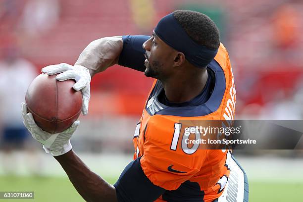 Emmanuel Thomas of the Broncos warms up before the NFL game between the Denver Broncos and Tampa Bay Buccaneers on October 02 at Raymond James...