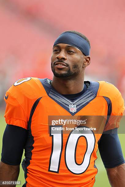 Emmanuel Sanders of the Broncos warms up before the NFL game between the Denver Broncos and Tampa Bay Buccaneers on October 02 at Raymond James...