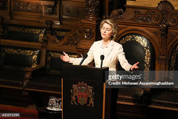German Defense Minister Ursula von der Leyen speaks during the reception for the 70th anniversary of 'DER SPIEGEL' at the town hall on January 6,...