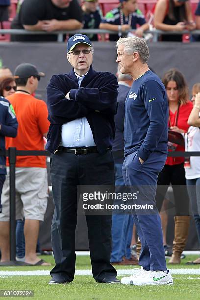 Seahawks owner Paul Allen and Seahawks Head Coach Pete Carroll have a few words before the NFL Game between the Seattle Seahawks and Tampa Bay...