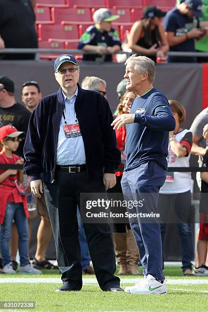 Seahawks owner Paul Allen and Seahawks Head Coach Pete Carroll have a few words before the NFL Game between the Seattle Seahawks and Tampa Bay...