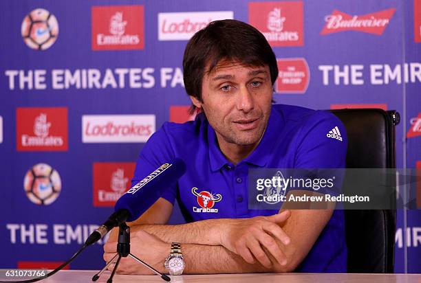 Antonio Conte, Chelsea mananger, is pictured during a press conference at Chelsea Training Ground on January 6, 2017 in Cobham, England.