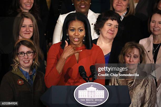 First lady Michelle Obama delivers remarks during a ceremony honoring the 2017 School Counselor of the Year in the East Room of the White House...